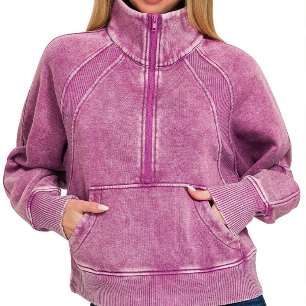Zenana Outfitters Acid Wash Plum Half-Zip Fleece Pullover Size Large NWOT